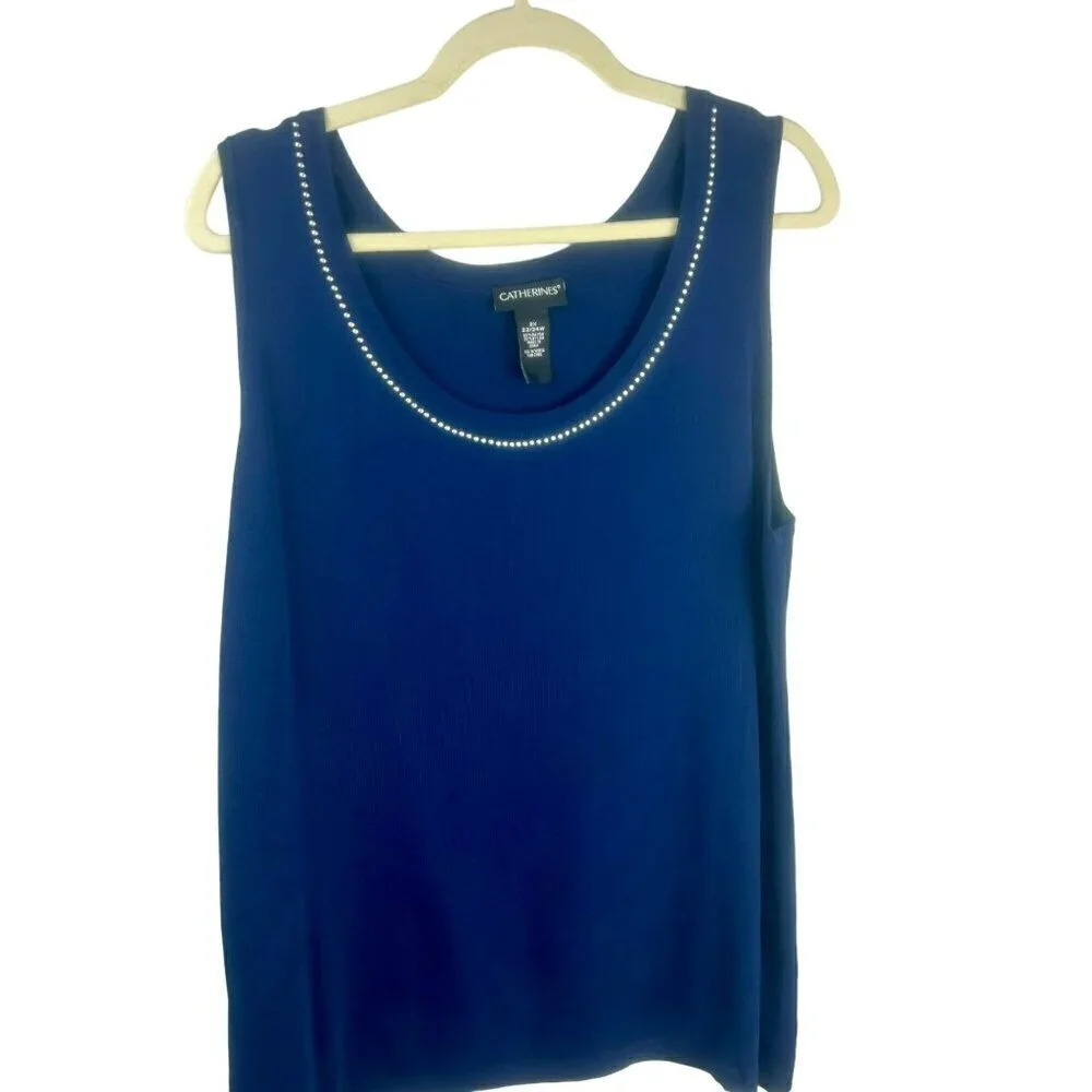 Catherines Sleeveless Embellished Scoop Neck Tank - Navy
